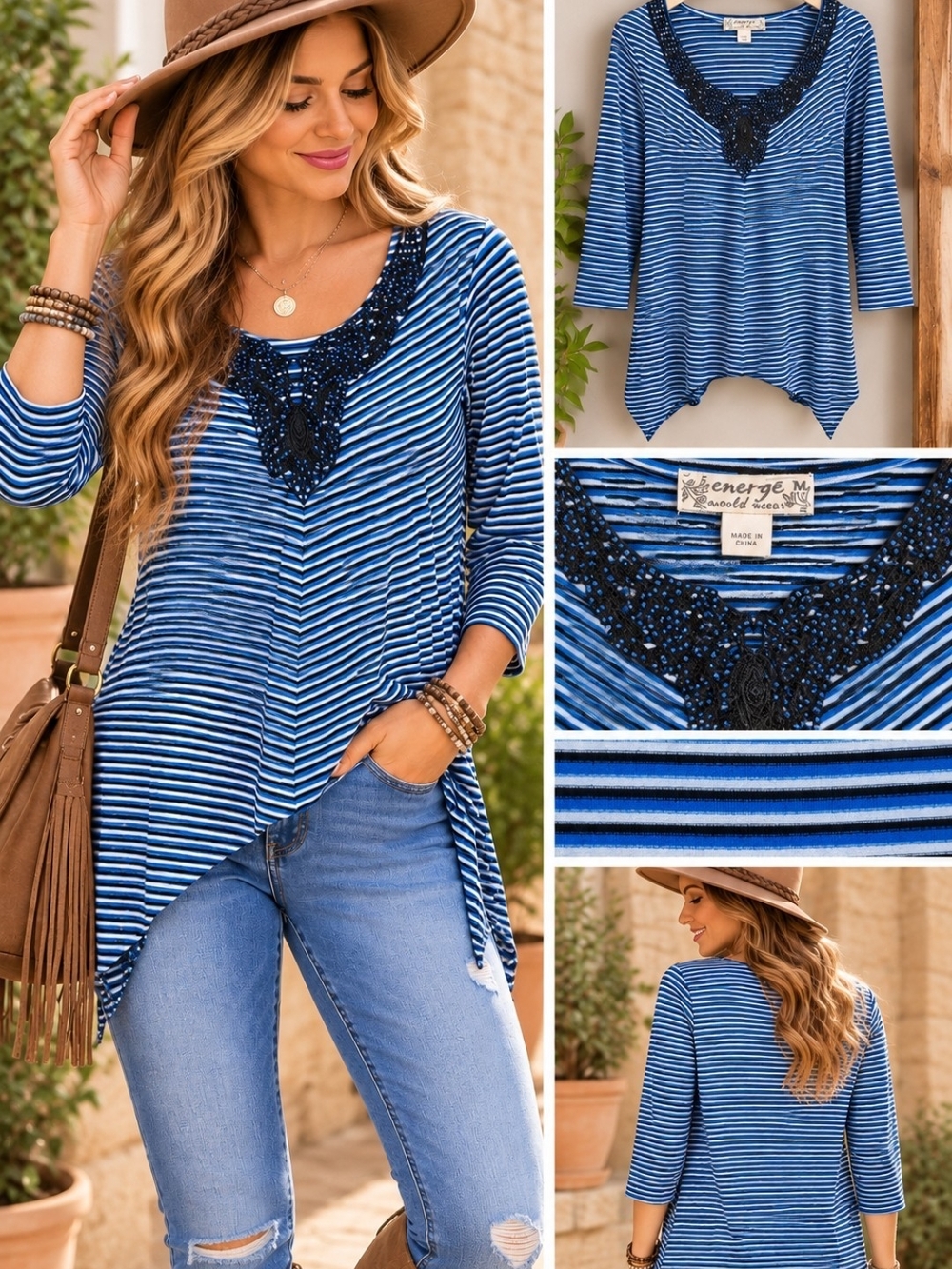 Energe Blue Striped Embellished V-Neck Tunic Top